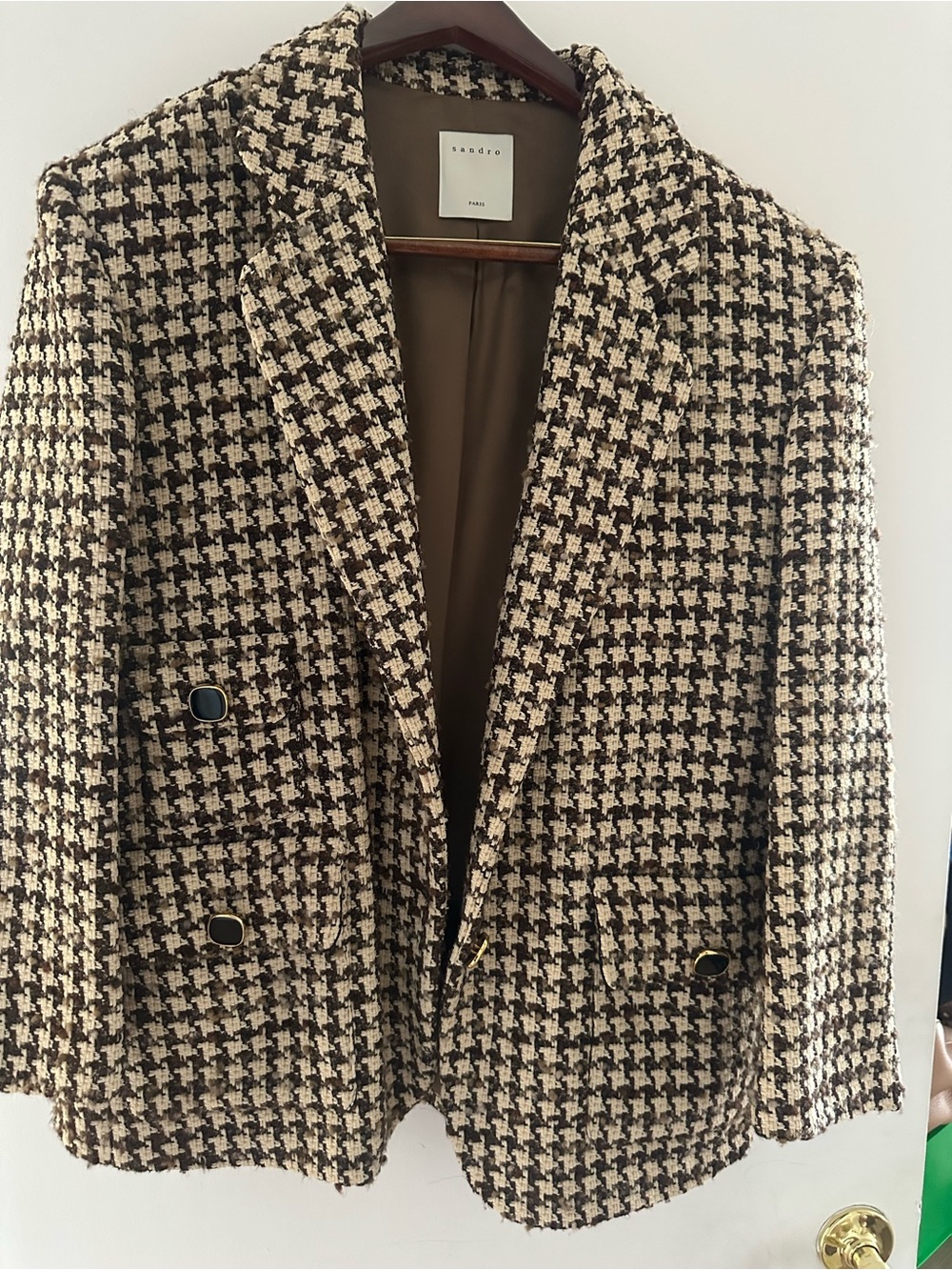 Sandro Brown and Cream Houndstooth Double-Breasted Blazer